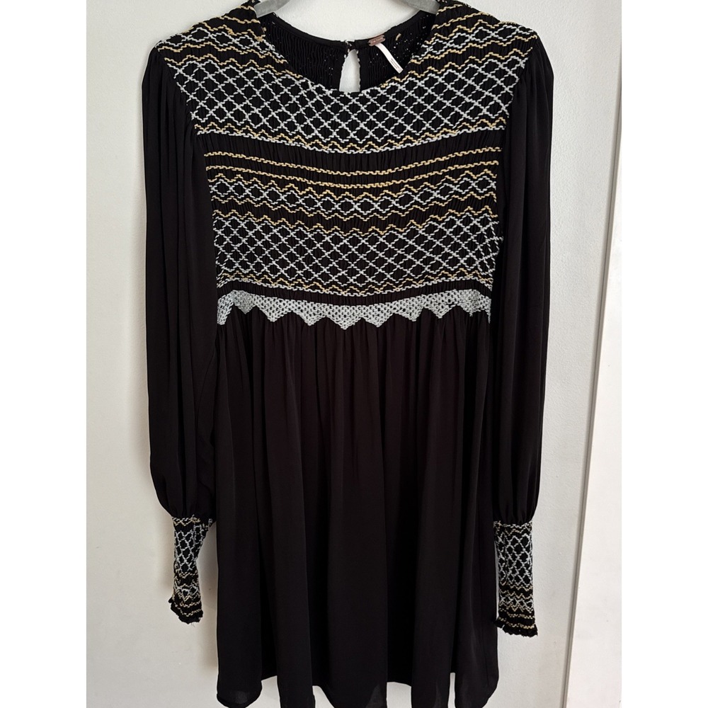 Free People Black Late Night Picnic Dress Embroidered Long Sleeve Dress Size XS